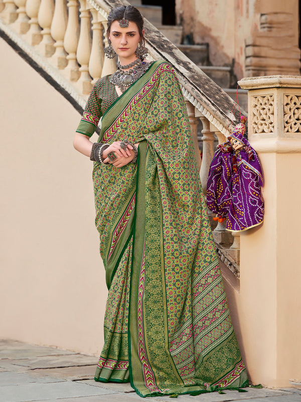 Beautiful Green Digital Printed Silk Event Wear Saree With Blouse