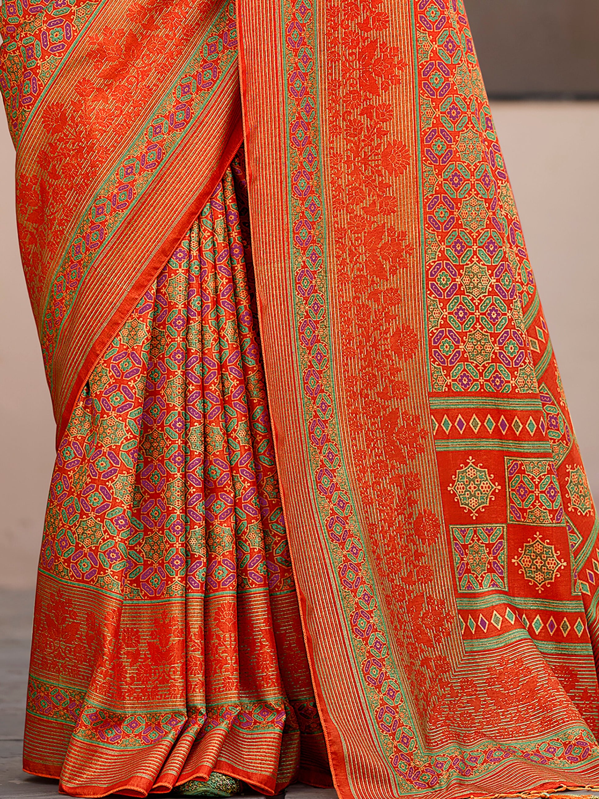 Stunning Orange Digital Printed Silk Festival Wear Saree With Blouse