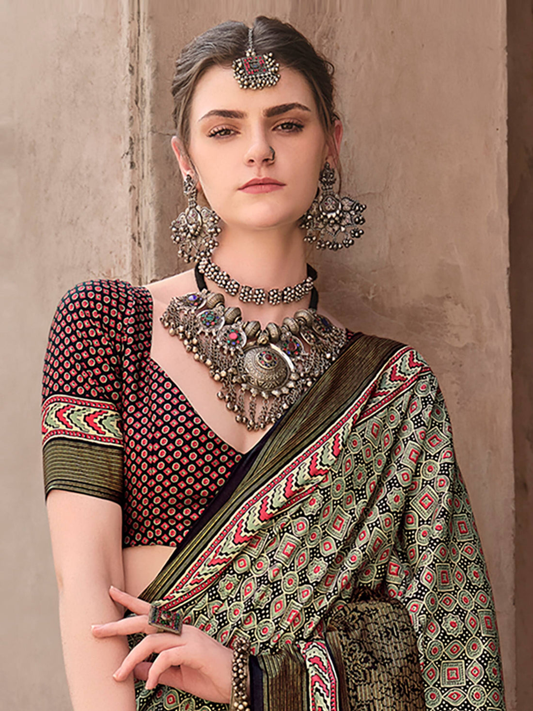 Charming Olive Green Printed Silk Casual Wear Saree With Blouse