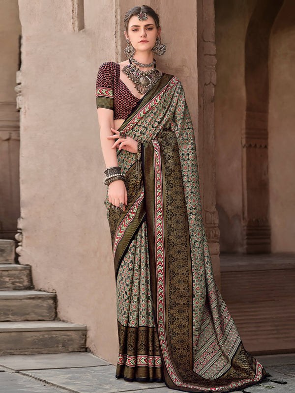 Charming Olive Green Printed Silk Casual Wear Saree With Blouse