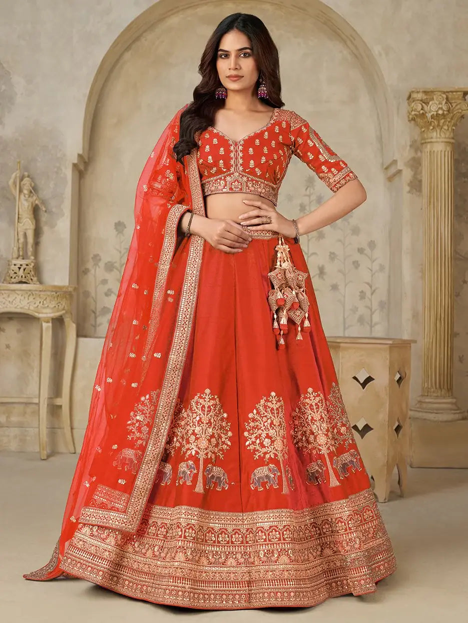 Splendid Rust Orange Sequins Silk Wedding Wear Lehenga Choli With Dupatta