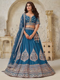 Fantastic Teal Blue Thread Embroidered Silk Sangeet Wear Lehenga Choli