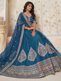 Fantastic Teal Blue Thread Embroidered Silk Sangeet Wear Lehenga Choli