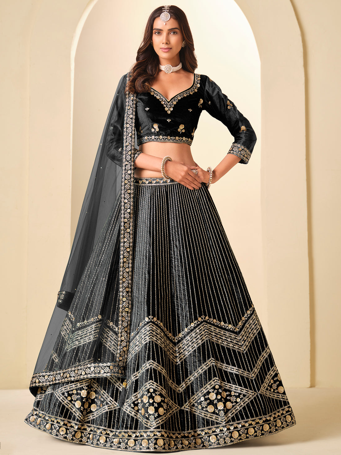Dazzling Black Embroidered Velvet Wedding Wear Lehenga Choli With Dupatta