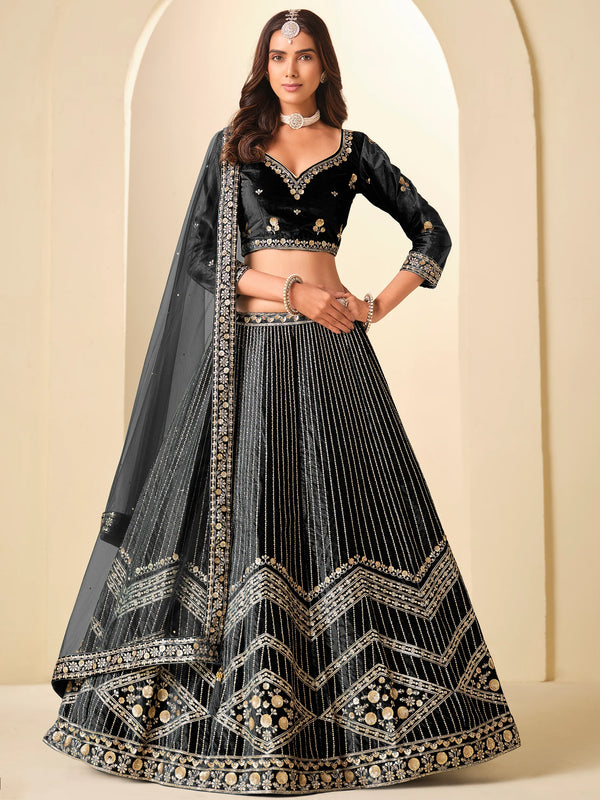 Dazzling Black Embroidered Velvet Wedding Wear Lehenga Choli With Dupatta