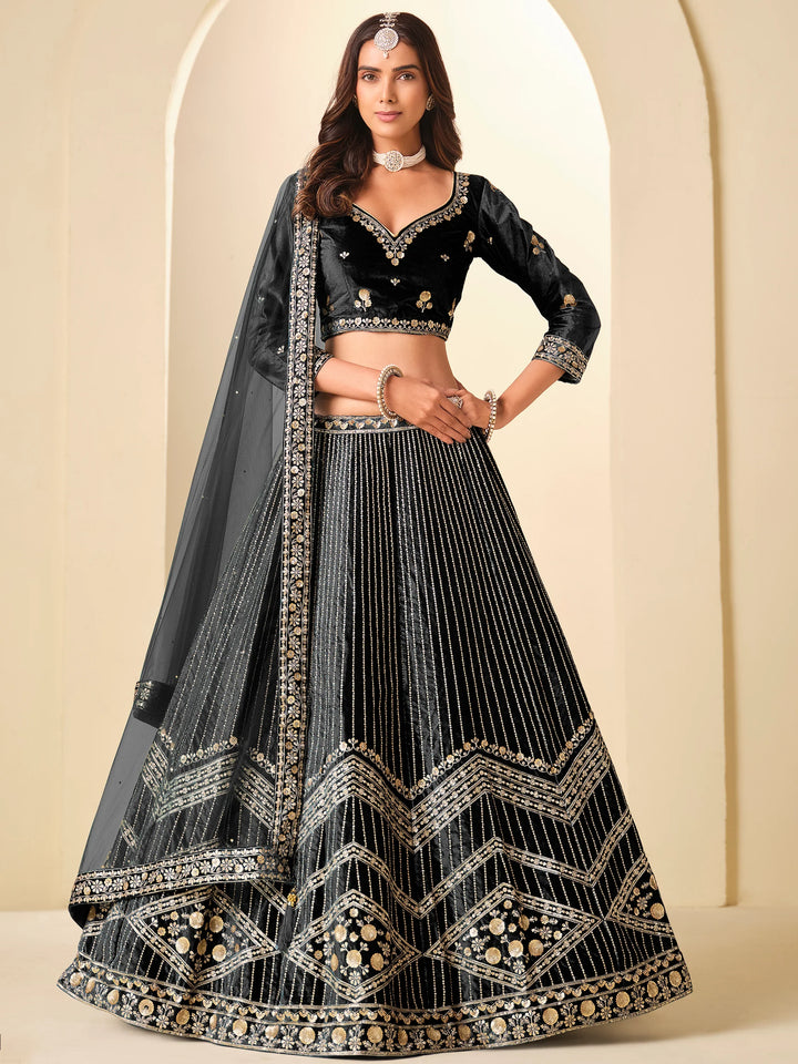 Dazzling Black Embroidered Velvet Wedding Wear Lehenga Choli With Dupatta