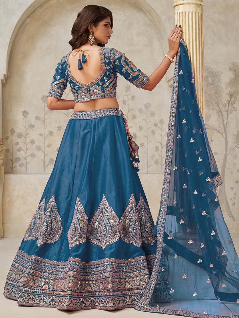 Fantastic Teal Blue Thread Embroidered Silk Sangeet Wear Lehenga Choli