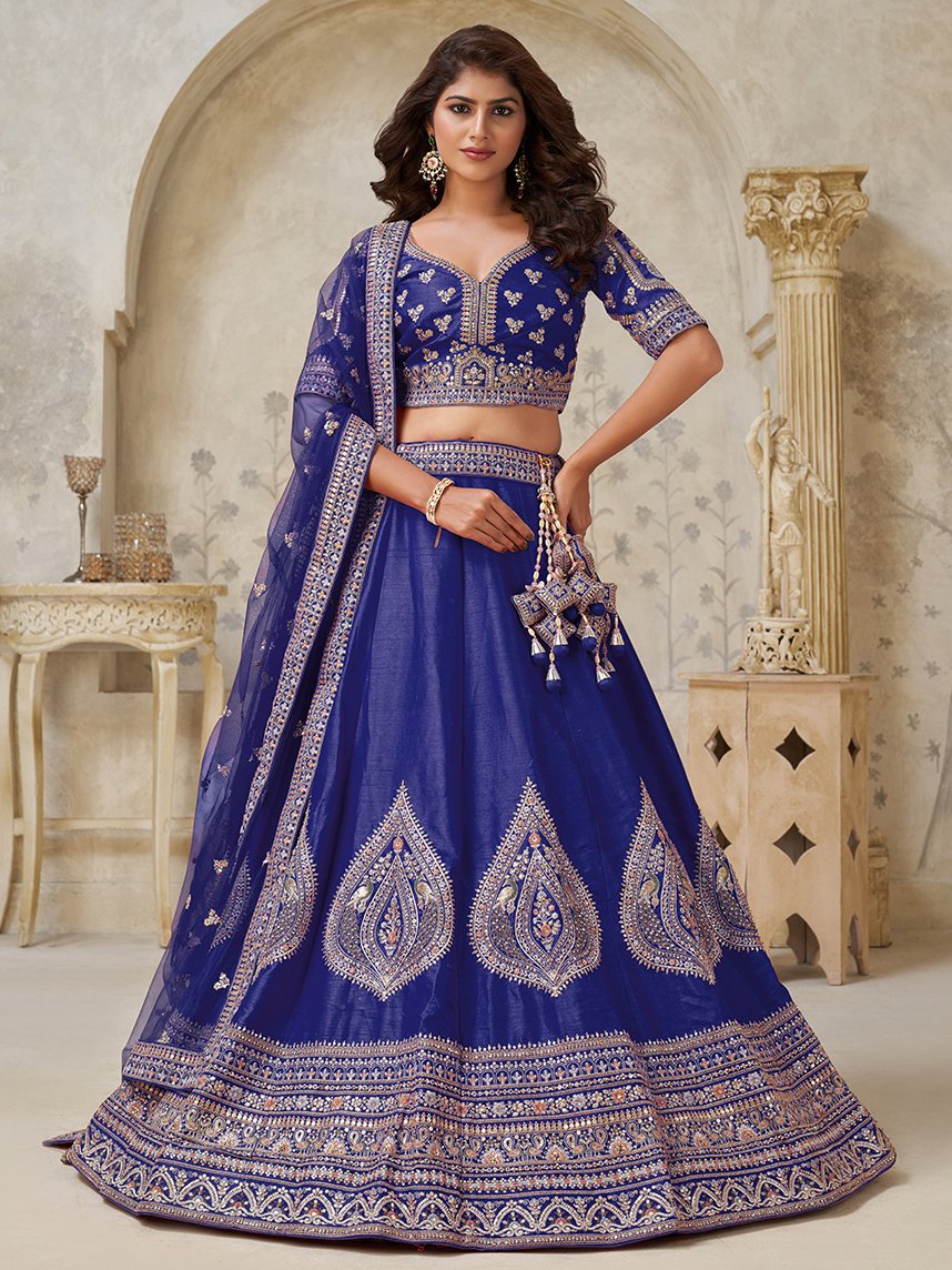 Wonderful Royal Blue Embroidered Silk Traditional Lehenga With Blouse