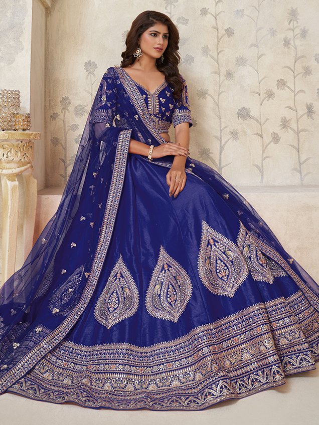 Wonderful Royal Blue Embroidered Silk Traditional Lehenga With Blouse