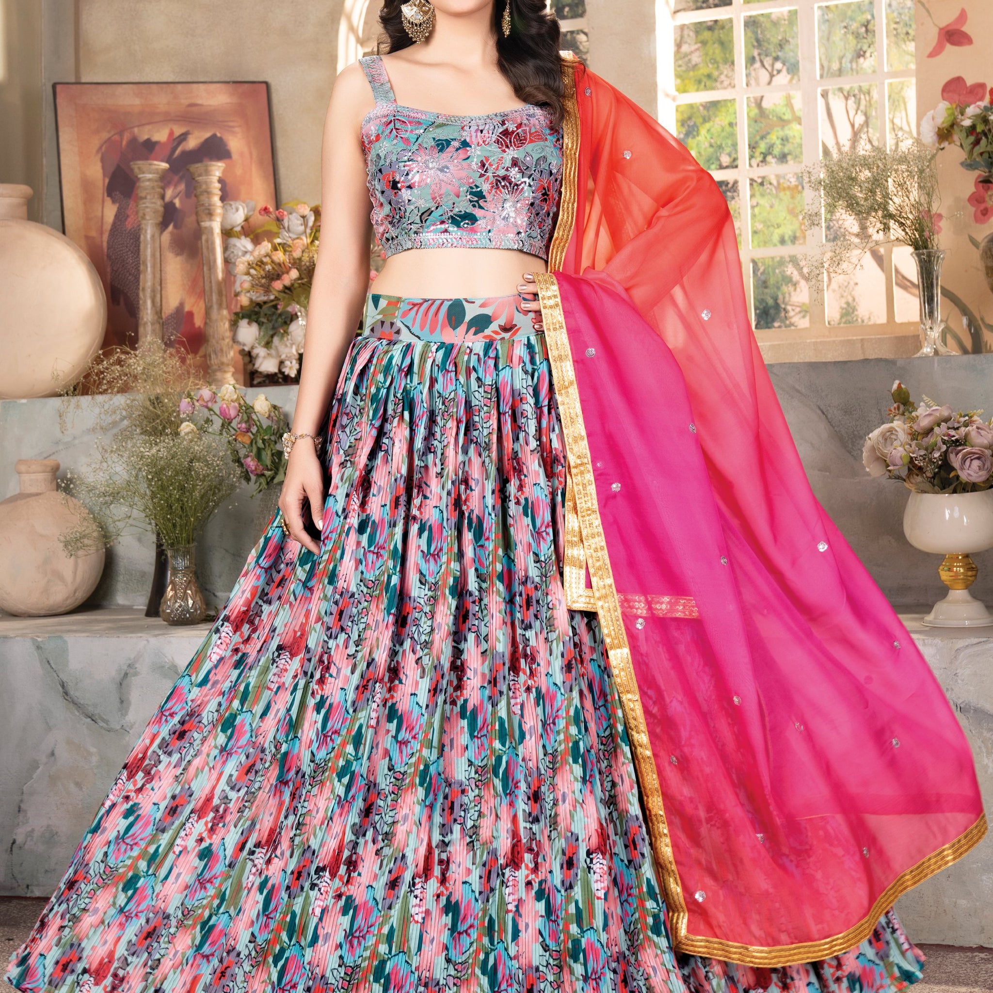Bewitching Multicolor Floral Printed Organza Crush Lehenga Choli