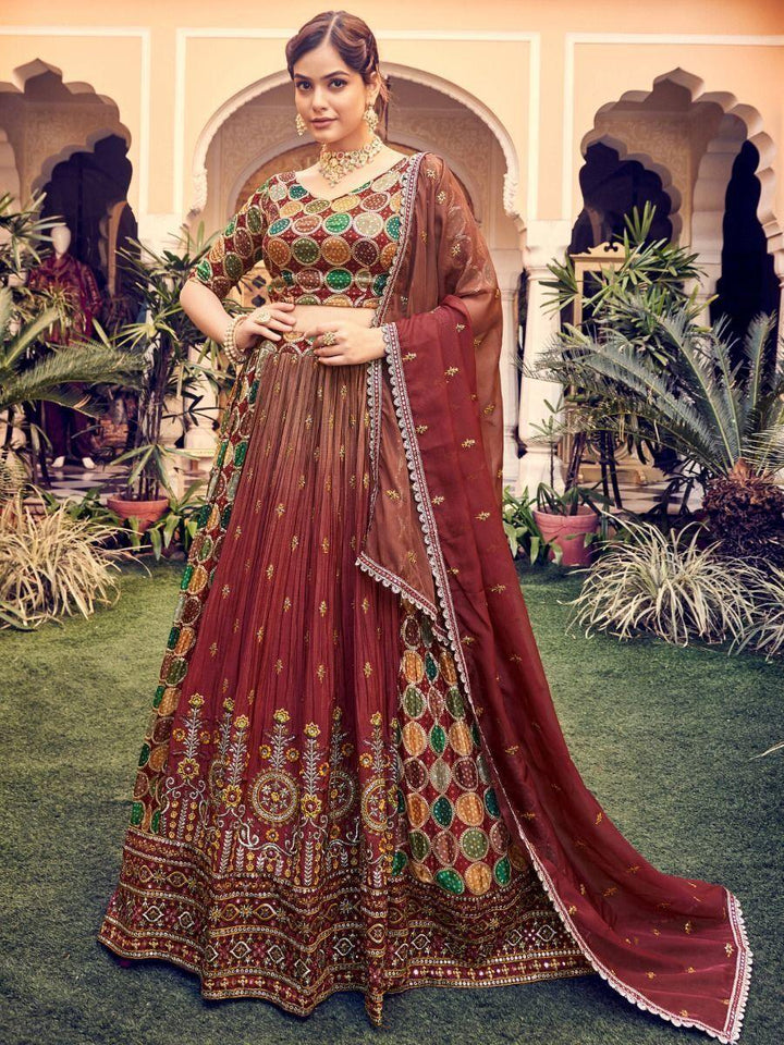 Captivating Brown Embroidered Silk Traditional Lehenga Choli
