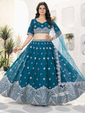 Elegant Teal Blue Sequins Work Georgette Wedding Wear Lehenga Choli With Dupatta