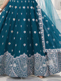 Elegant Teal Blue Sequins Work Georgette Wedding Wear Lehenga Choli With Dupatta