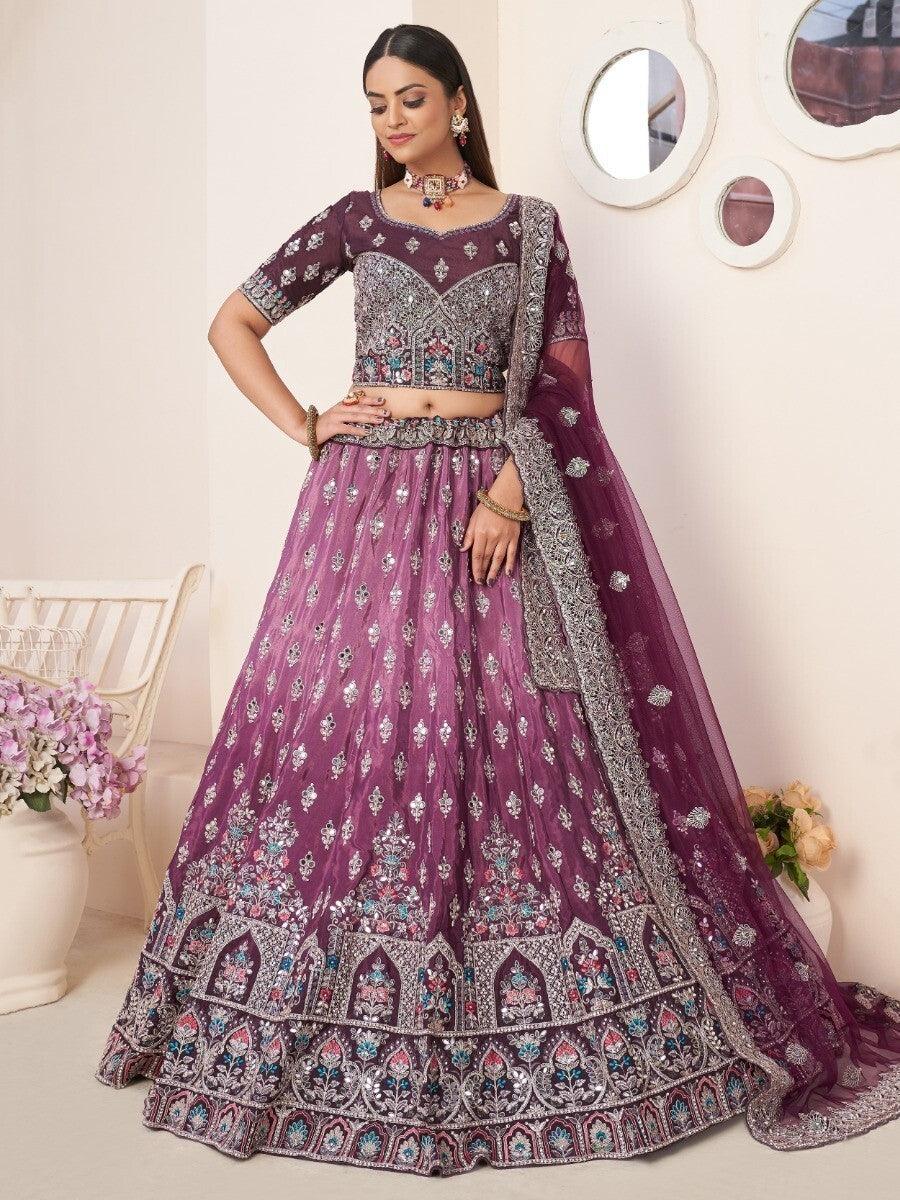 Magnificent Wine Stone Work Satin Wedding Wear Lehenga Choli