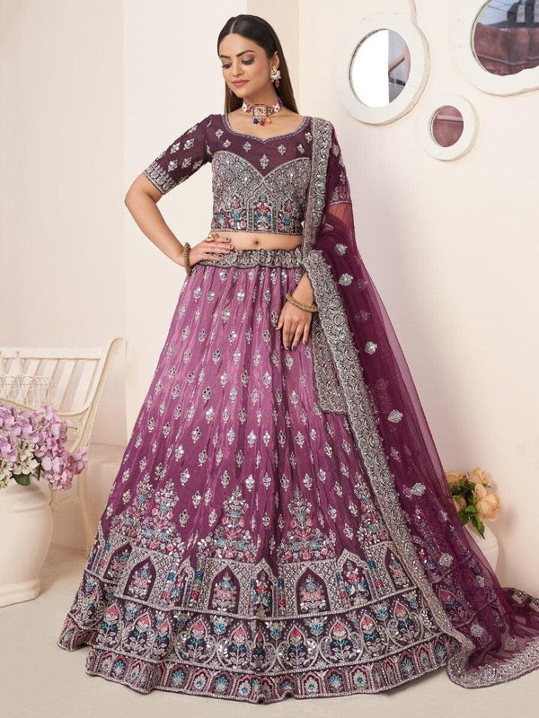 Magnificent Wine Stone Work Satin Wedding Wear Lehenga Choli