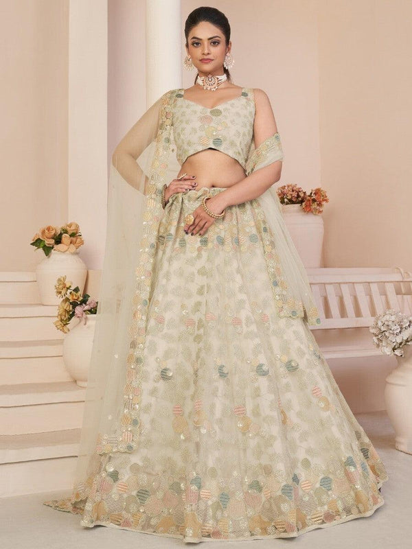 Plushy White Sequins Work Net Sangeet Wear Lehenga Choli
