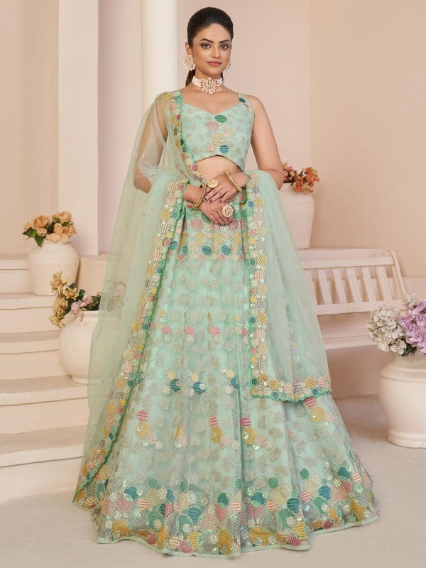 Magnificent Turquoise Thread Work Net Designer Lehenga Choli
