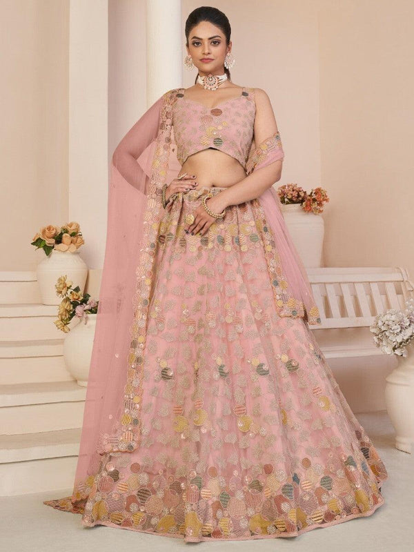 Classic Pink Sequins Work Net Wedding Wear Lehenga Choli With Dupatta