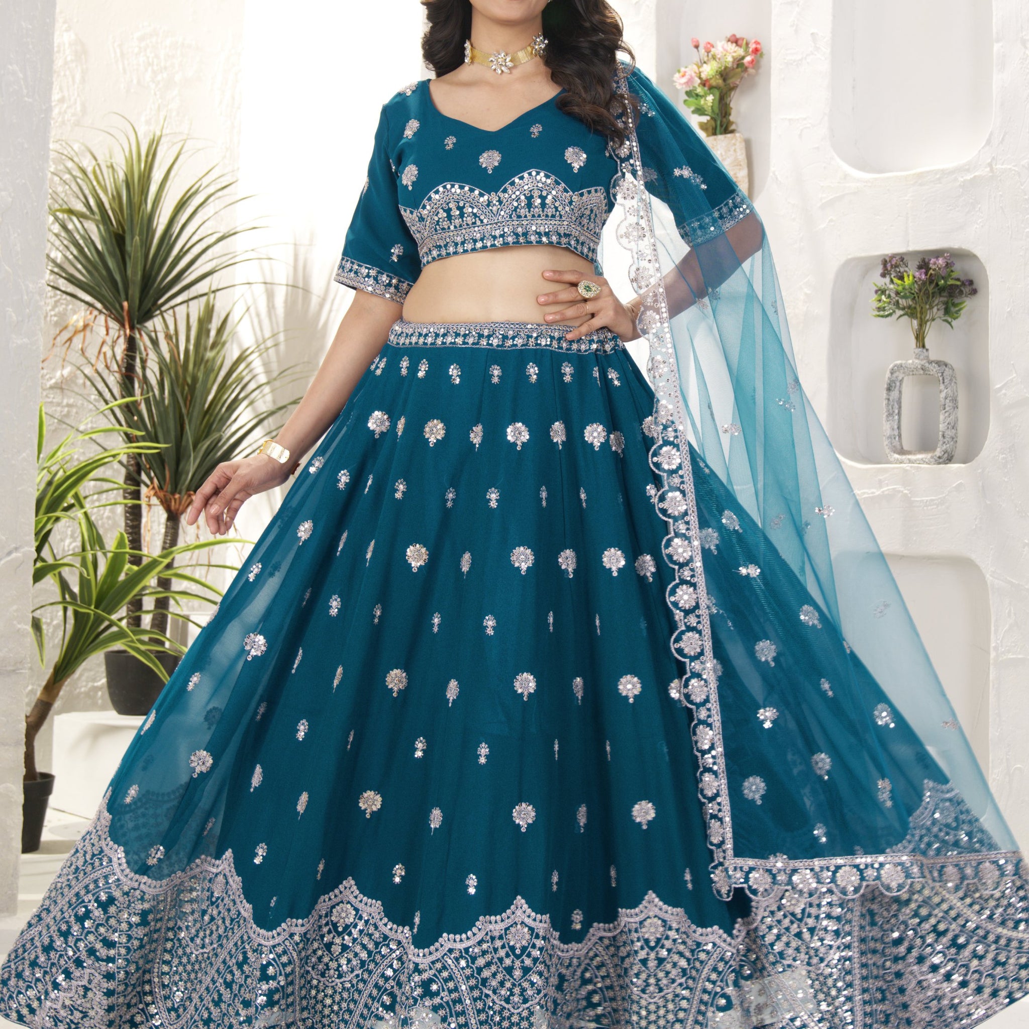 Elegant Teal Blue Sequins Work Georgette Wedding Wear Lehenga Choli With Dupatta