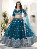 Elegant Teal Blue Sequins Work Georgette Wedding Wear Lehenga Choli With Dupatta