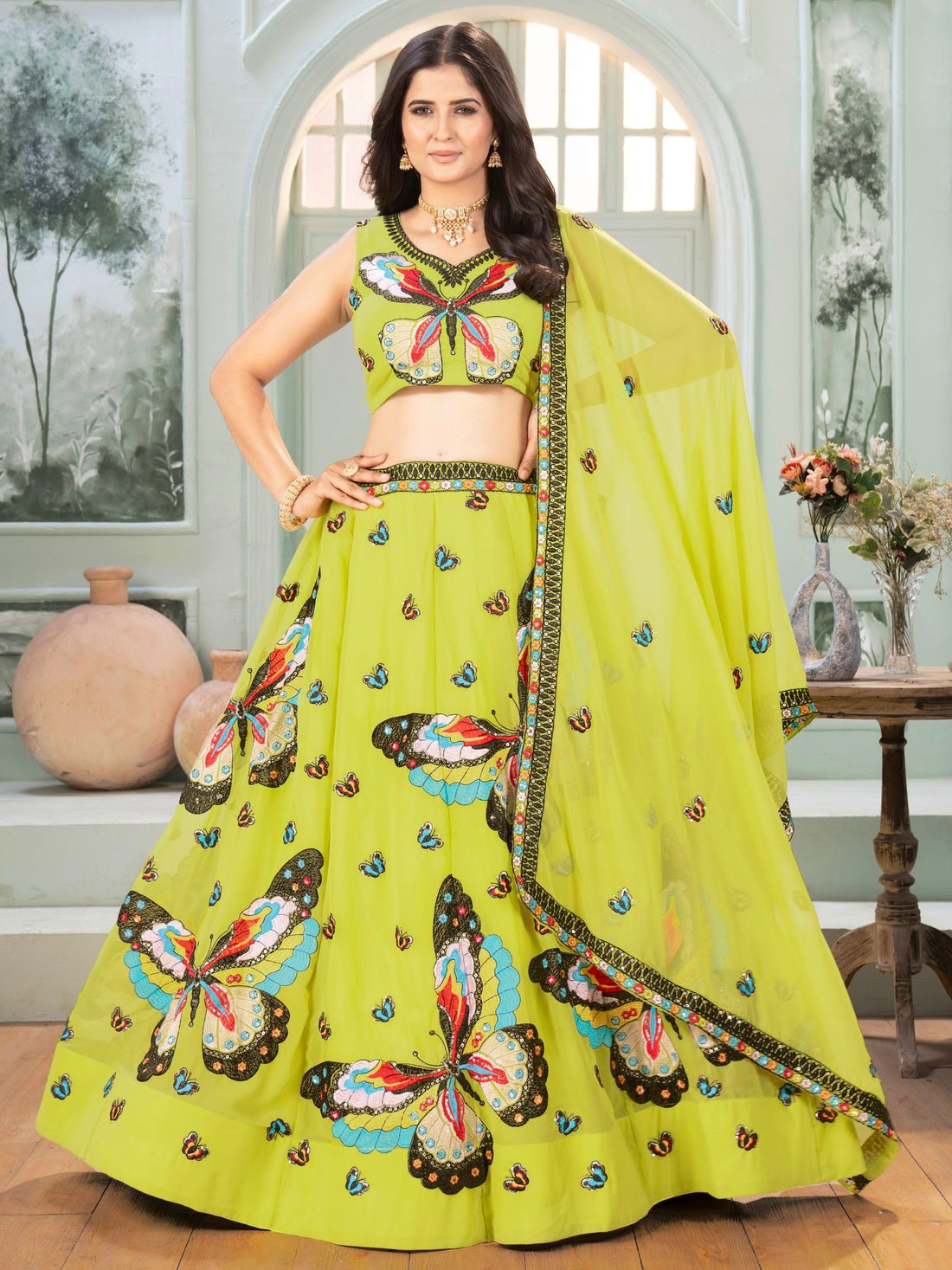 Beauteous Parrot Green Embroidered Georgette Festive Wear Lehenga Choli