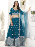 Elegant Teal Blue Sequins Work Georgette Wedding Wear Lehenga Choli With Dupatta