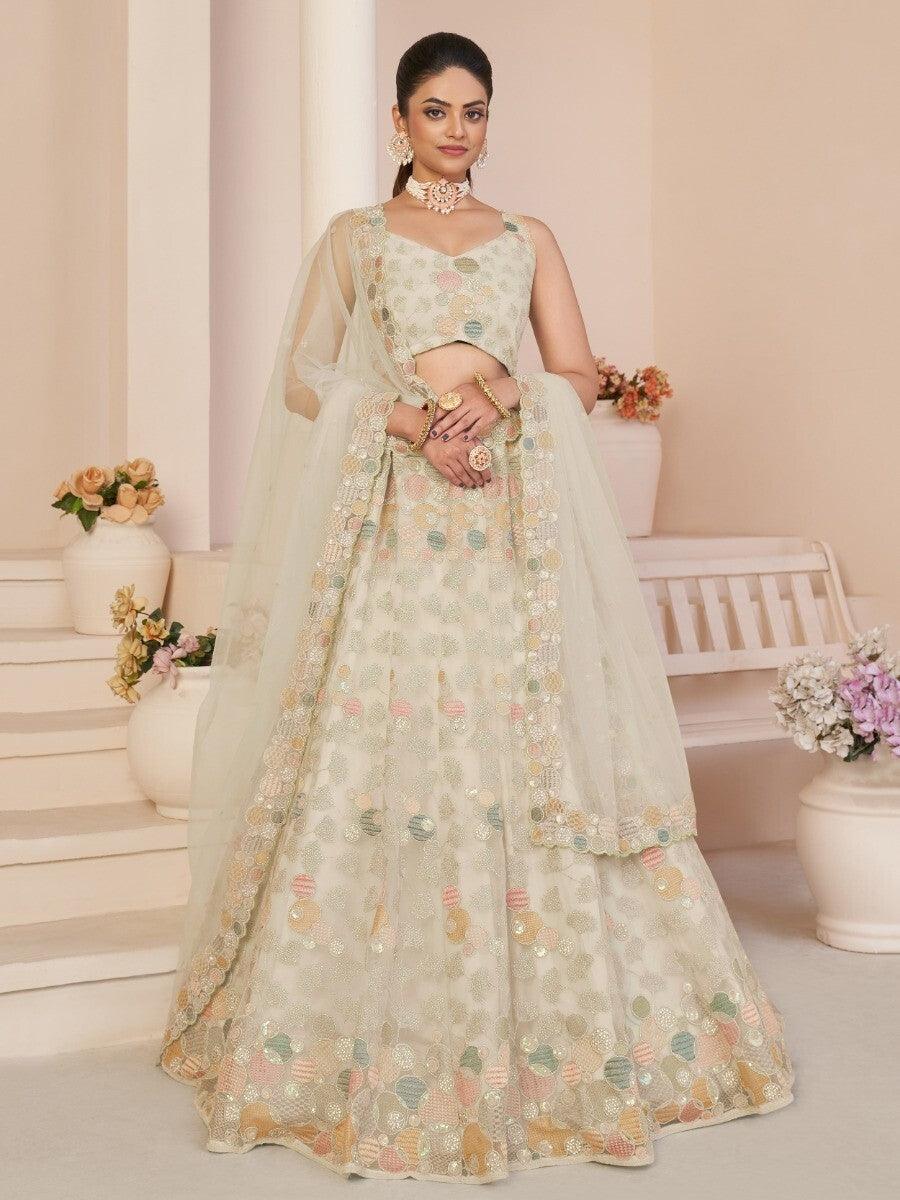 Plushy White Sequins Work Net Sangeet Wear Lehenga Choli