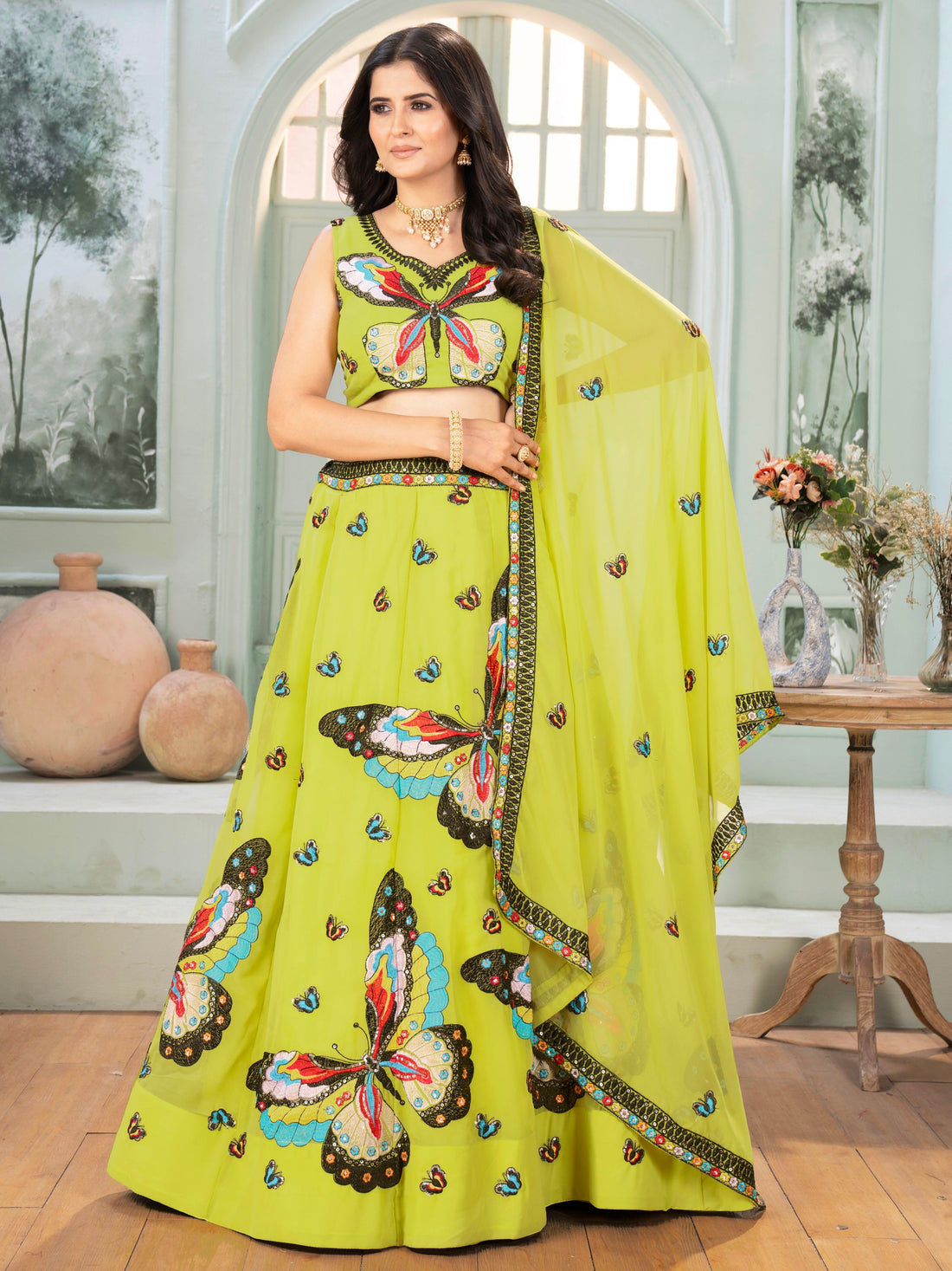 Beauteous Parrot Green Embroidered Georgette Festive Wear Lehenga Choli