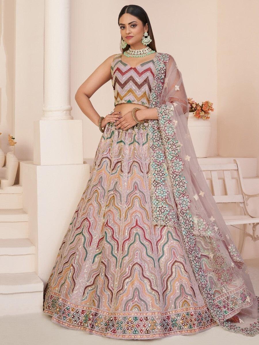 Alluring Peach Sequins Net Bridesmaid Wear Lehenga Choli
