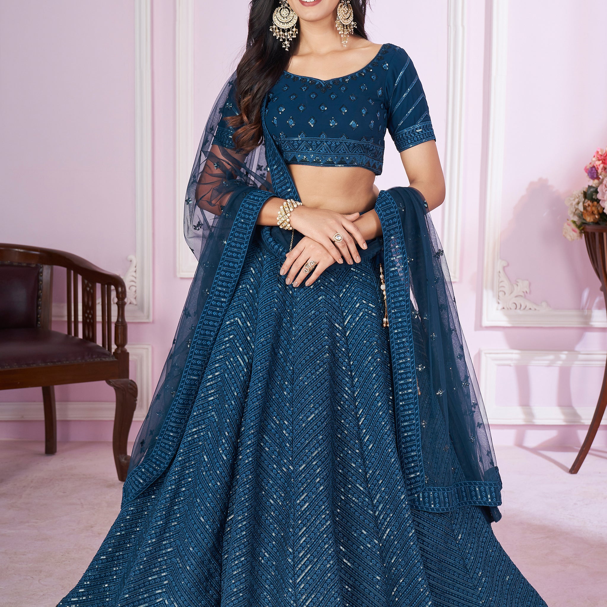 Dazzling Teal Blue Sequins Georgette Designer Lehenga Choli