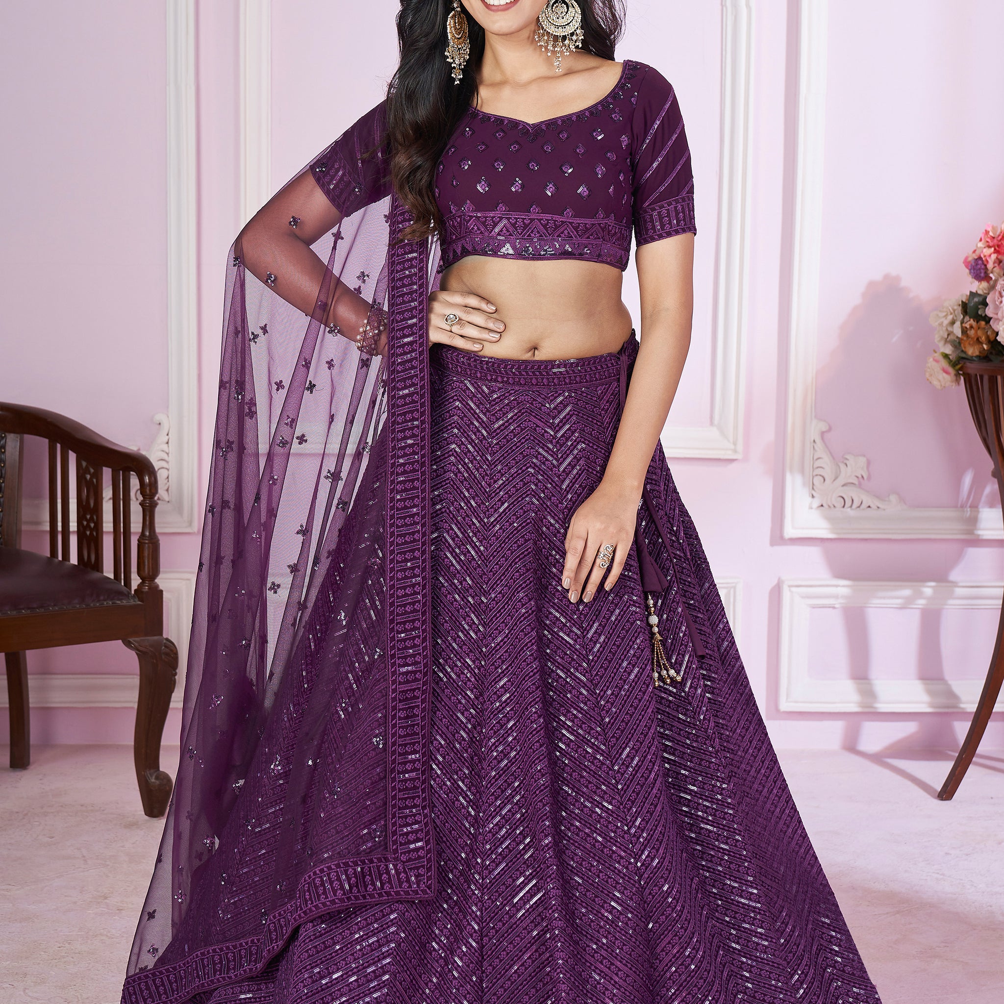 Astonishing Purple Sequins Georgette Reception Wear Lehenga Choli