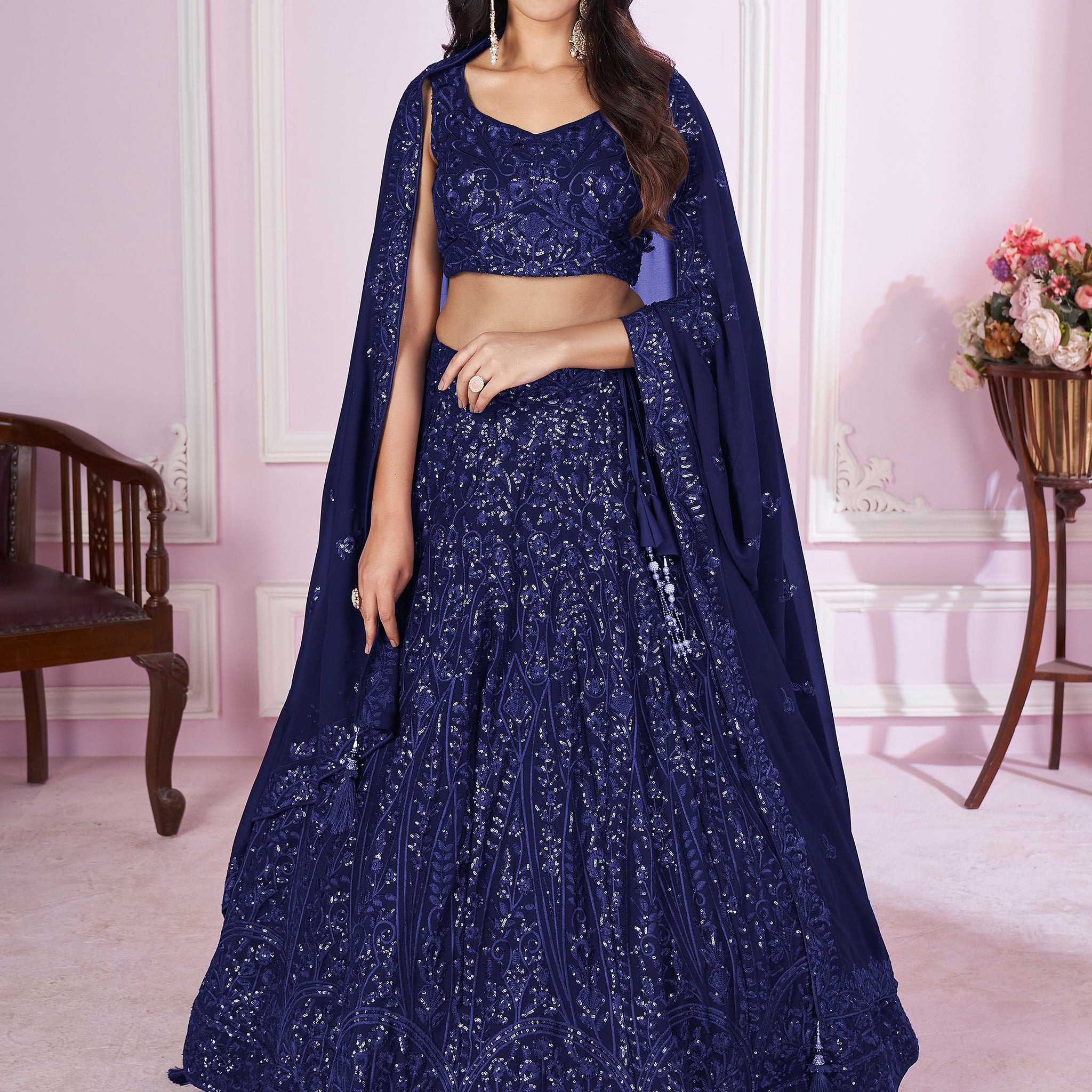 Marvelous Blue Sequins Georgette Engagement Wear Lehenga Choli