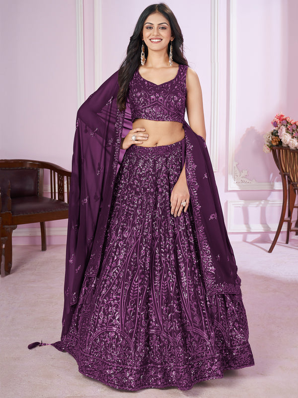 Beautiful Purple Sequins Georgette Wedding Lehenga Choli With Dupatta