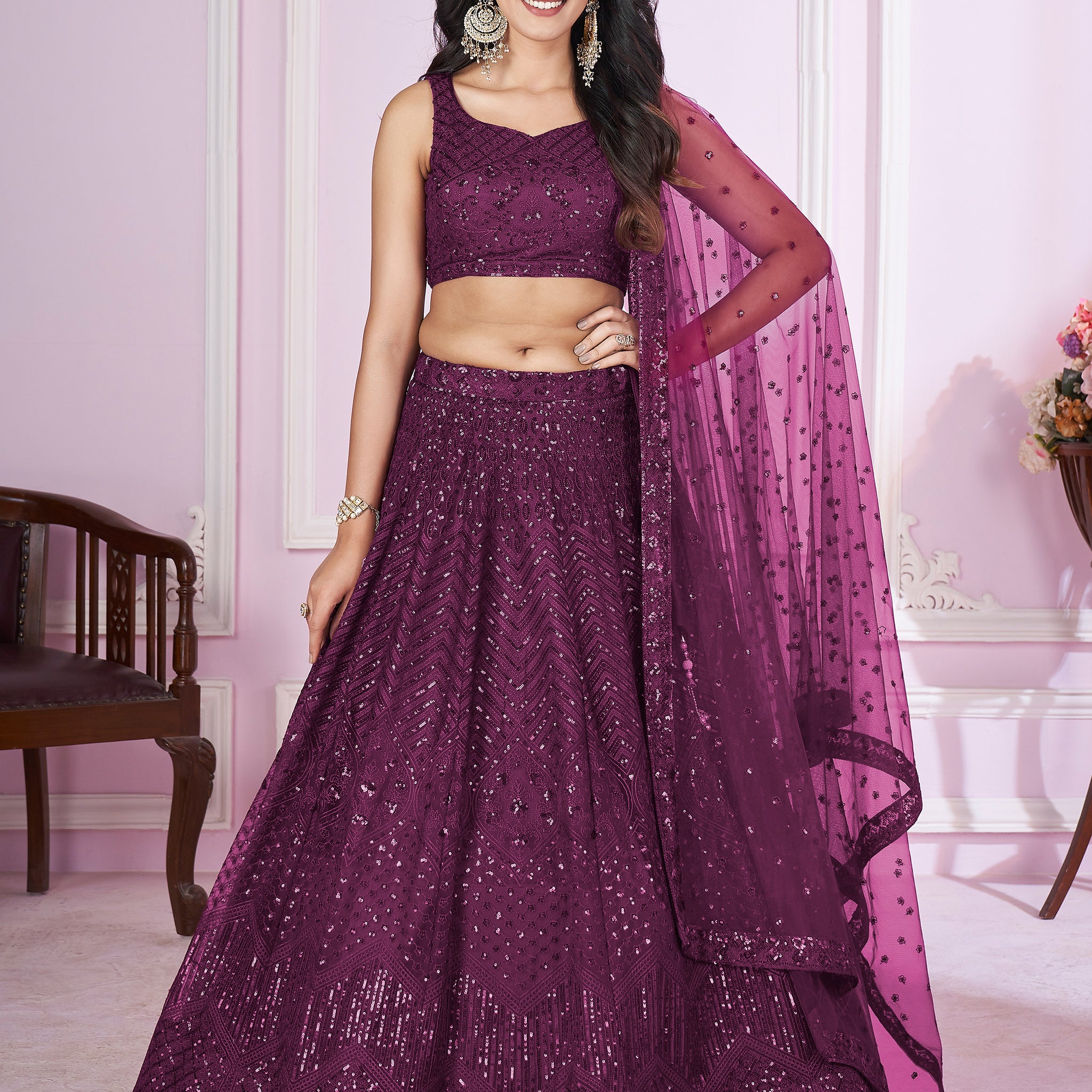 Gorgeous Purple Sequins Net Designer Lehenga Choli With Dupatta