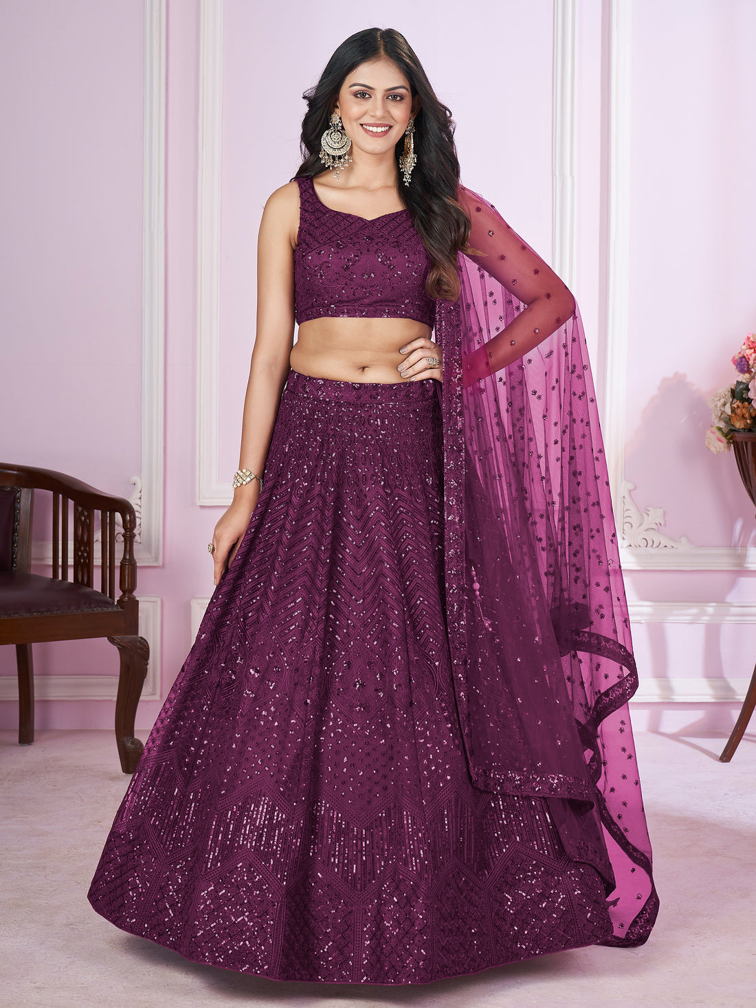 Gorgeous Purple Sequins Net Designer Lehenga Choli With Dupatta