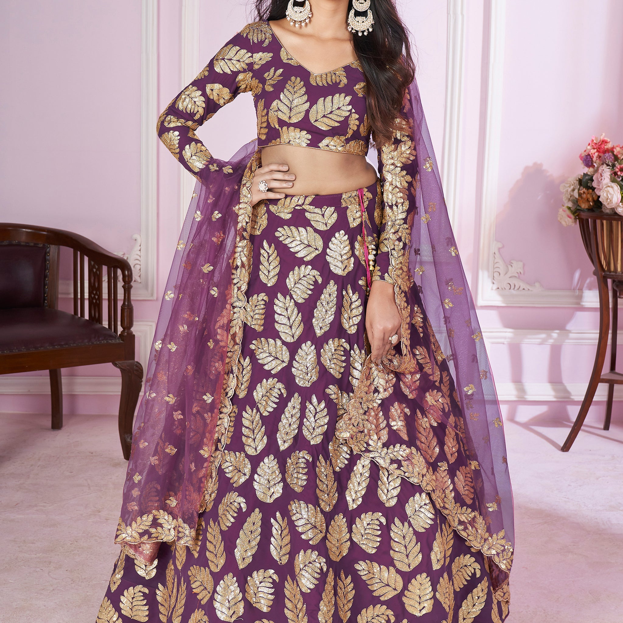 Attractive Purple Sequins Georgette Wedding Lehenga Choli