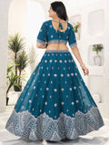 Elegant Teal Blue Sequins Work Georgette Wedding Wear Lehenga Choli With Dupatta