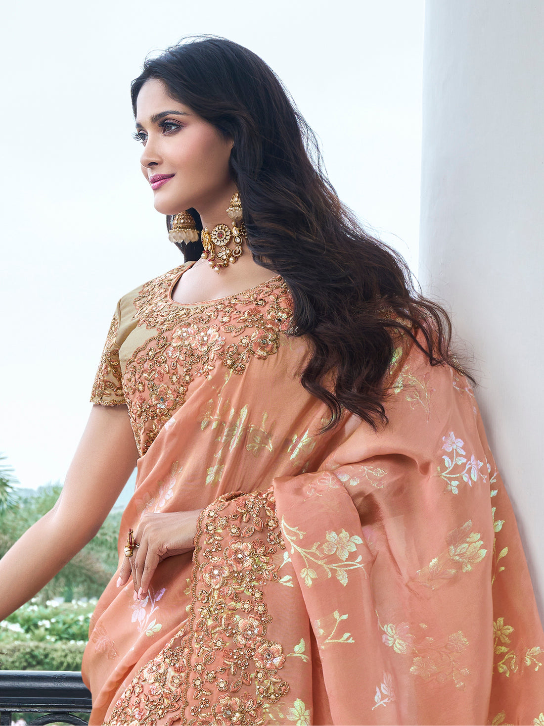 Spectacular Peach Zari Weaving Organza Festival Wear Saree With Blouse