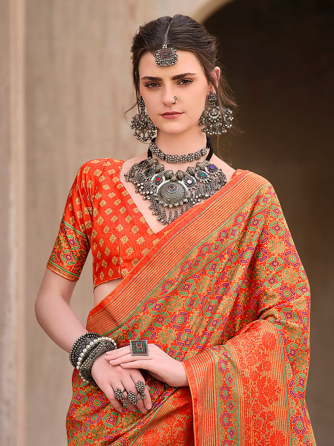 Stunning Orange Digital Printed Silk Festival Wear Saree With Blouse