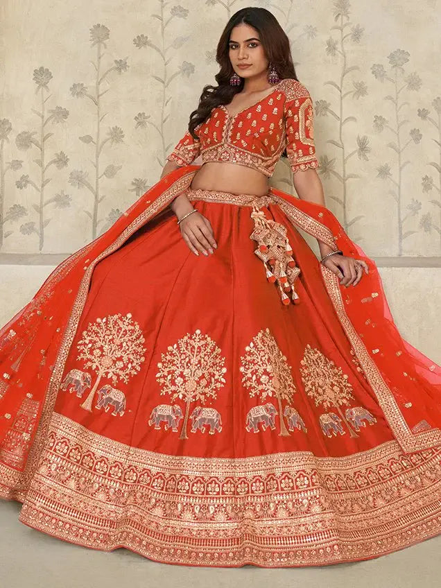 Splendid Rust Orange Sequins Silk Wedding Wear Lehenga Choli With Dupatta