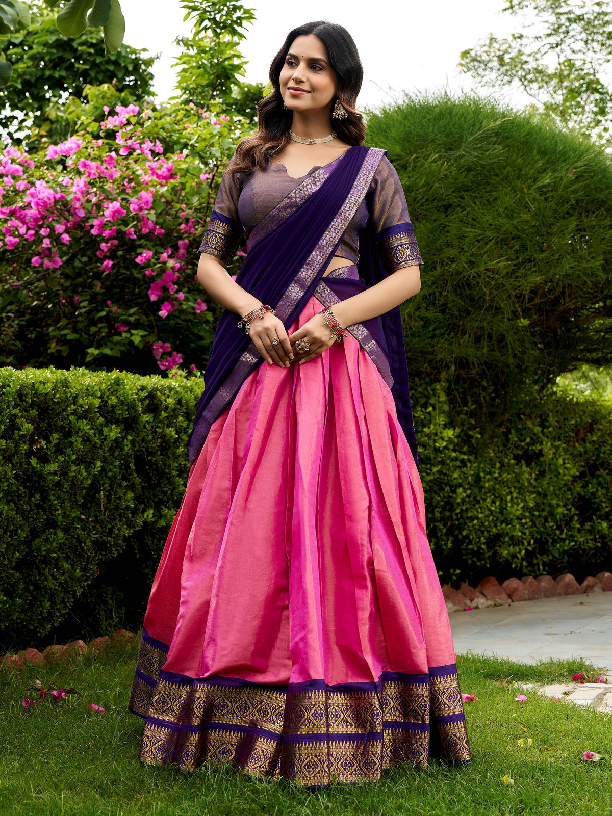 Classic Pink Zari Woven Silk Festive Wear Half Saree Lehenga
