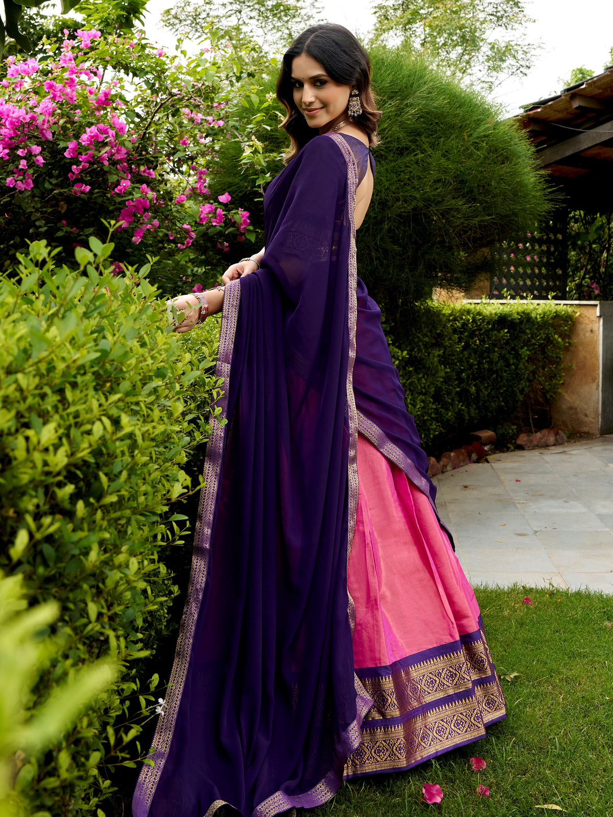 Classic Pink Zari Woven Silk Festive Wear Half Saree Lehenga