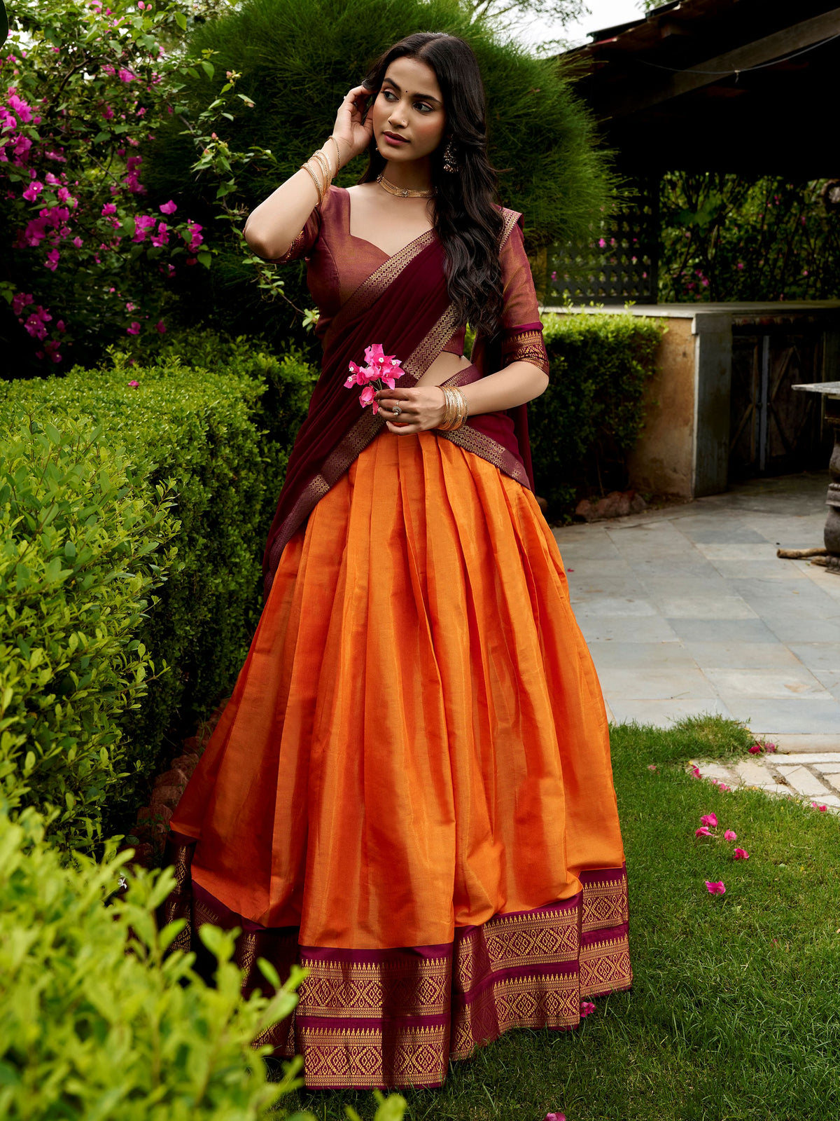 Elegant Orange Zari Woven Silk Festive Special Half Saree Lehenga