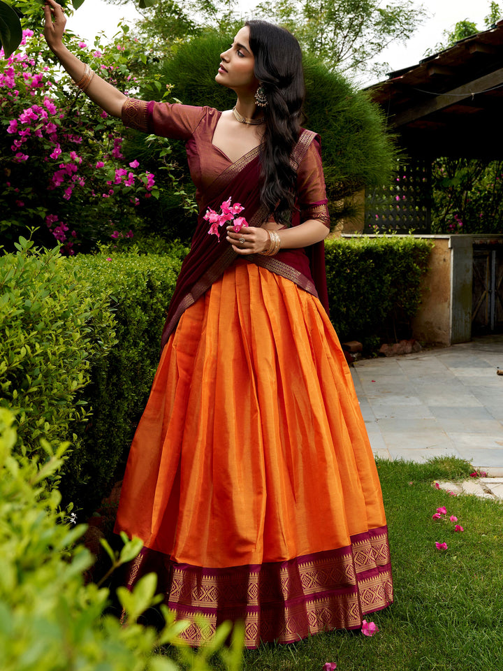 Elegant Orange Zari Woven Silk Festive Special Half Saree Lehenga