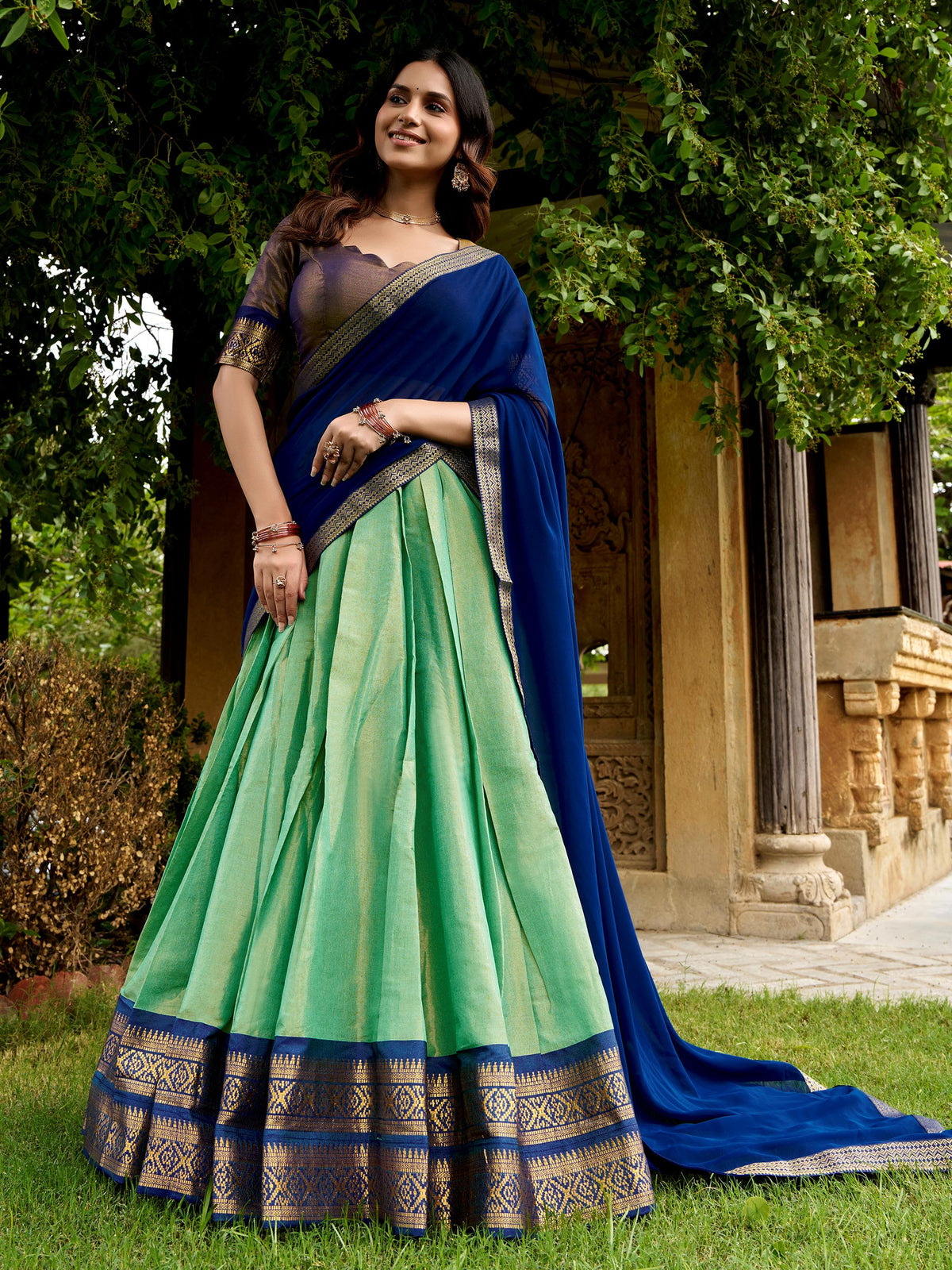 Lovely Pista Green Zari Woven Silk Function Wear Half Saree Lehenga