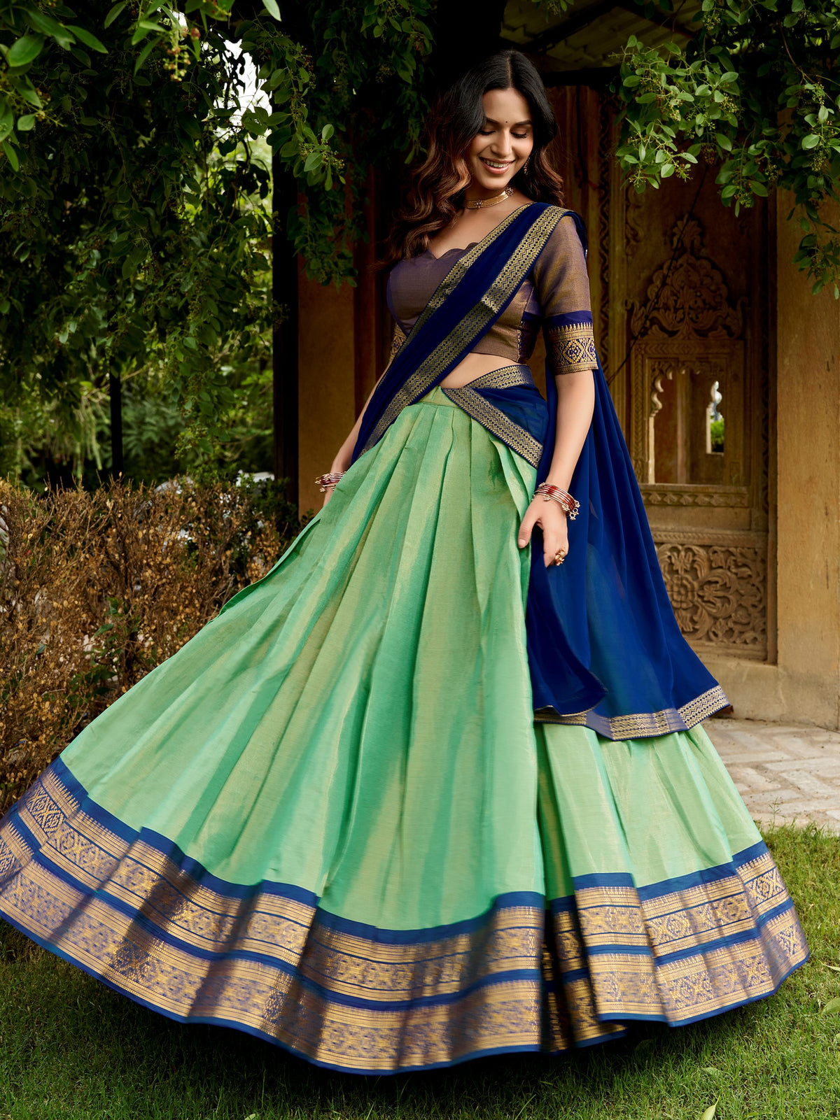 Lovely Pista Green Zari Woven Silk Function Wear Half Saree Lehenga