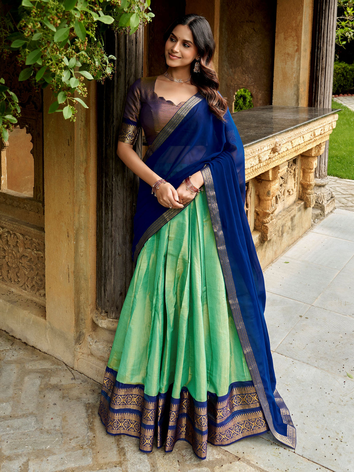 Lovely Pista Green Zari Woven Silk Function Wear Half Saree Lehenga