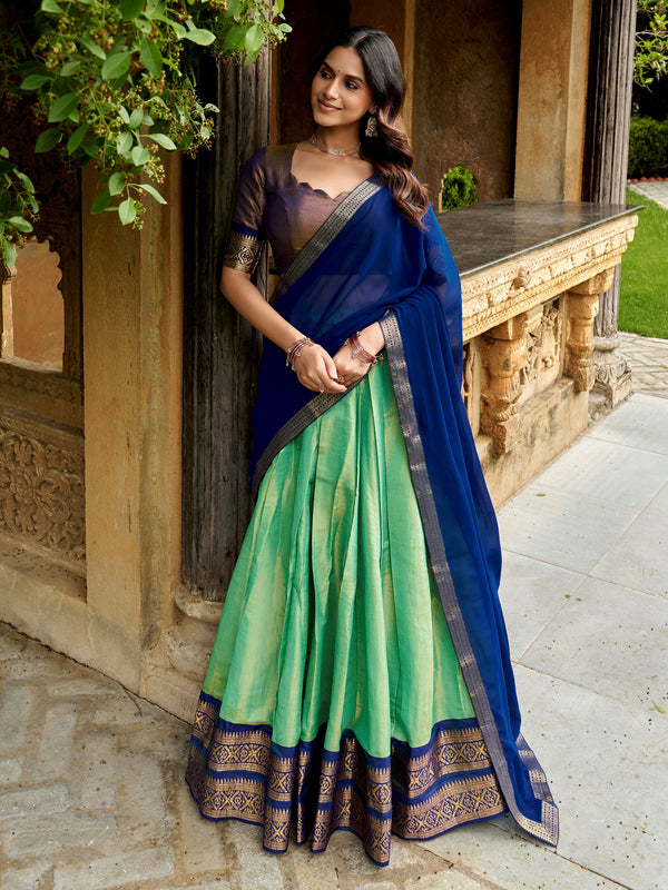 Lovely Pista Green Zari Woven Silk Function Wear Half Saree Lehenga