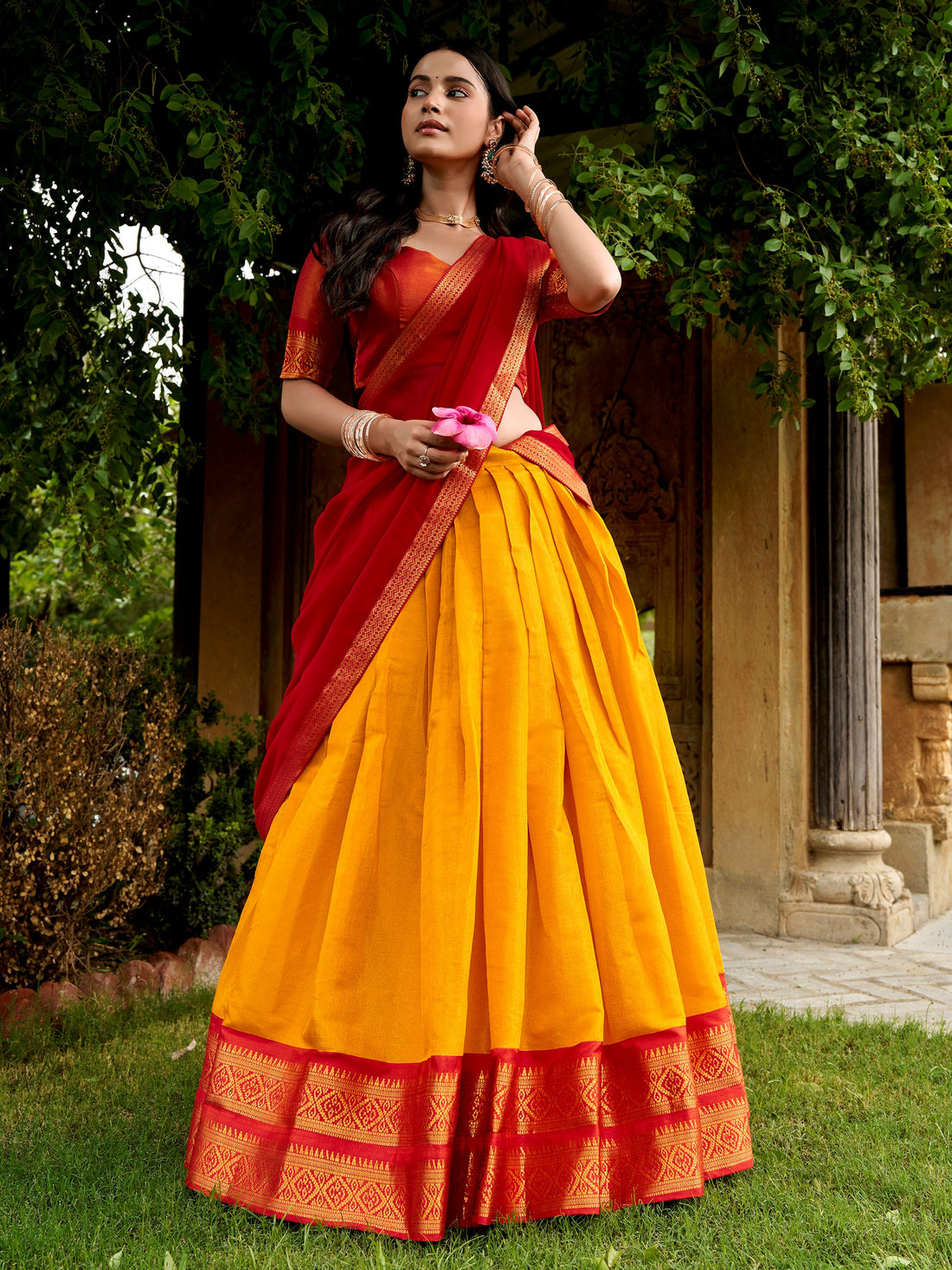 Adorable Yellow Zari Woven Silk Event Wear Half Saree Lehenga