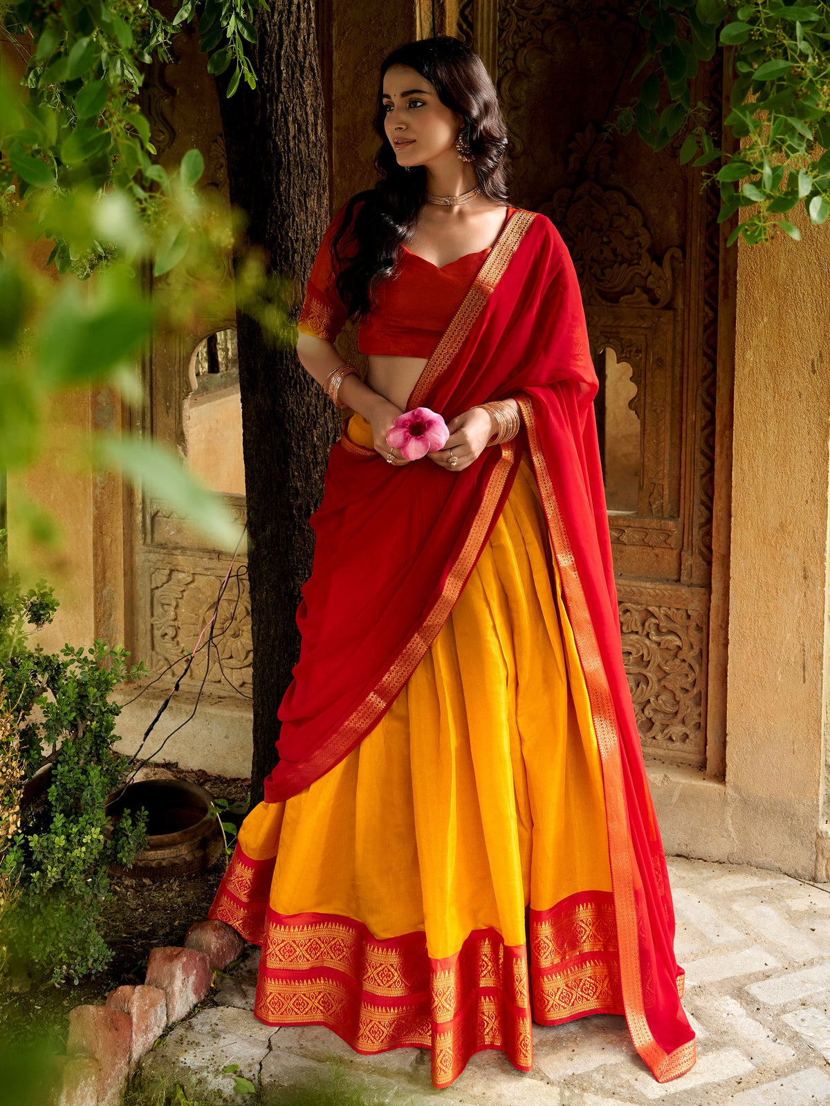 Adorable Yellow Zari Woven Silk Event Wear Half Saree Lehenga